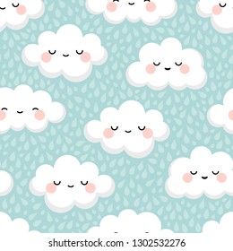 Cute cloud smiling face seamless pattern background with rain drop, repeating vector illustration