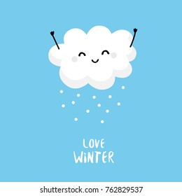 Cute cloud with snow on blue background. Flat style. Vector card.