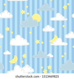 Cute cloud star crescent moon on blue stripe sky cartoon doodle seamless pattern background wallpaper, can use for wrapping paper gift or print on product, vector eps10