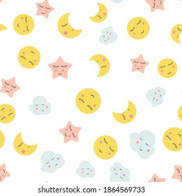 Ilustración de vectores de fondo de patrón sin foco en la nube, la estrella y la luna.