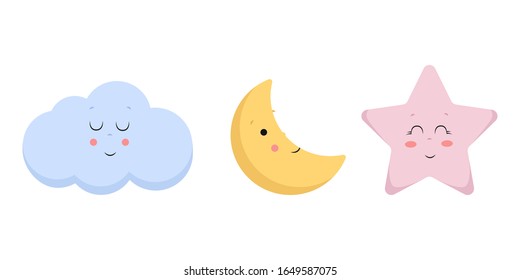 Cute Cloud, Star and Moon Vector Illustration