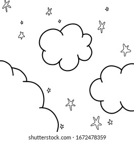 Cute cloud and stars drawing cartoon, isolated on white background. Vector illustration