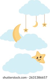 Cute Cloud With Stars And Moon Doodle Vector