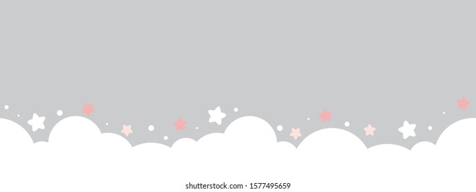 Cute Cloud And Stars On Pastel Grey Bottom Border Seamless Pattern.