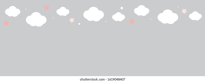 cute cloud and stars on pastel grey upper border seamless pattern.