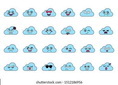 Cute cloud stickers outline illustrations set. Various cartoon emoticons. Social media emoji pack