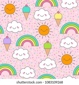 Cute cloud, sun, rainbow and ice cream seamless pattern with colorful sprinkles background