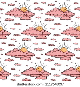 Cute cloud and sun seamless pattern vector background. Smiling sun kids illustration isolated on pink sky. Summer background. Funny design for kids and baby clothing.