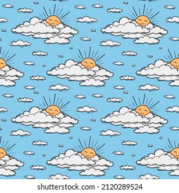 Cute cloud and sun seamless pattern vector background. Smiling sun kids illustration isolated on blue sky. Summer background. Funny design for kids and baby clothing.