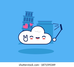 Nube linda toma selfie en la ilustración de un monumento de vacaciones. Concepto de vacaciones de viaje