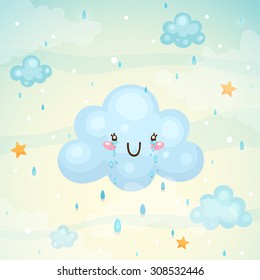 Cute cloud with tears of happiness and rain, children's illustration, vector.