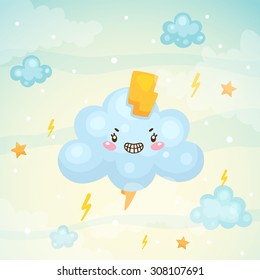 Cute cloud and thunderstorm, children's illustration, vector.