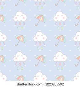 Cute cloud and umbrella seamless pattern decorated with rain and polkadot on light blue background in pastel theme. The clounds are smiling and having fun with their rain.
