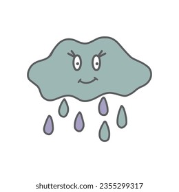 Cute cloud vector illustration. Hand drawn raincloud with eyes and smile and rain drops in trendy simple style isolated on white background. Kids print. Groovy retro vibes graphic
