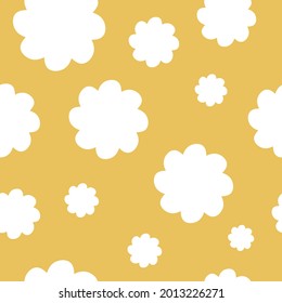 Cute cloud vector seamless pattern. Abstract fluffy clouds on an orange pastel background. Cartoon background with cloudy sky for wallpaper, decoration, texture, kids room, wrapping, textile