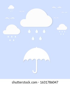 Cute cloud with water droplets ,white umbrella and bird flying isolated on blue sky background in rainy day.Origami style.Paper craft.Monsoon season.Weather forecast.Nature scenery.Vector.Illustration