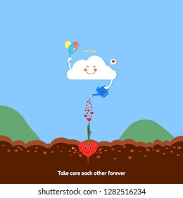 cute cloud watering the lovely plants.love concept.take care each other forever.