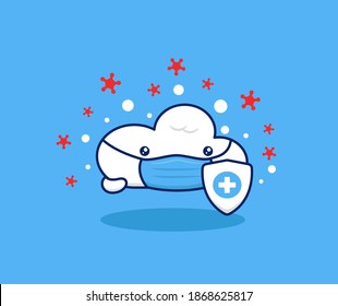 Cute cloud wear face mask health protocol protection illustration. Cloud health network technology mascot cartoon fight coronavirus covid 19 pandemic concept