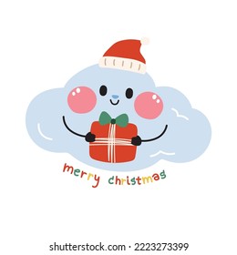 Cute cloud wear santa hat hold don con alegres navidades texto sobre fondo blanco.Diseño de caricaturas.Dibujo a mano.Doodle.Kawaii.Vector.Ilustración.