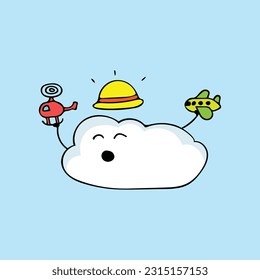 cute cloud wear sun hat playing with helicopter and airplane vector Cartoon Mascot Character Vector illustration color children cartoon clipart by wordspotrayal