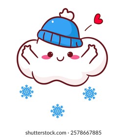 Cute cloud wearing winter hat. Weather Concept design. Kawaii object vector icon mascot illustration.