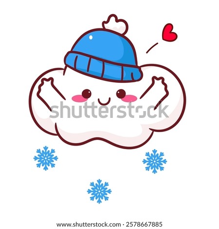 Cute cloud wearing winter hat. Weather Concept design. Kawaii object vector icon mascot illustration.