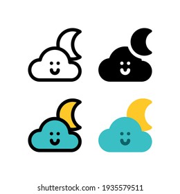 Luna de clima de nube suave en icono de contorno nocturno, logotipo e ilustración Vector