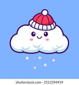 Cute Cloud inverno Vestindo Chapéu Cartoon Vetor Ilustração Ícone. Nature Holiday Icon Concept Isolado Premium Vetor. Estilo de Desenho Animado Plano