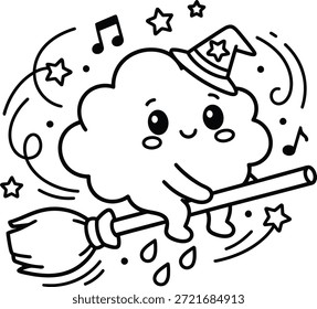 Lindo mago de la nube página para colorear con una escoba mágica, estrellas y Elementos de Clima juguetones. Ideal para hojas de trabajo de niños, actividades preescolares, libros para colorear, manualidades y recursos de aprendizaje.
