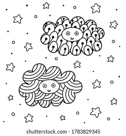 Cute clouds characters in the sky coloring page. Fantasy background for coloring book. Sweet dreams black and white print. Vector illustration