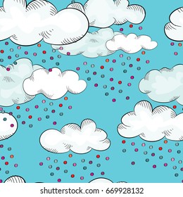 Cute clouds with colorful raindrops in the sky. Vector illustration on light blue background. Seamless pattern