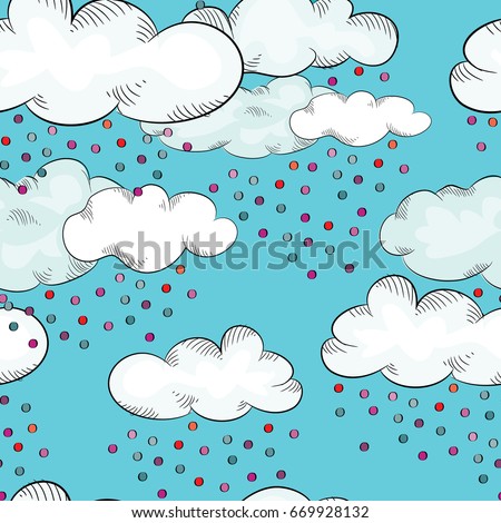 Cute clouds with colorful raindrops in the sky. Vector illustration on light blue background. Seamless pattern