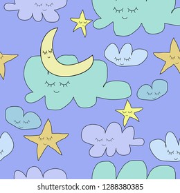 cute clouds, crescent moon and stars, seamless pattern