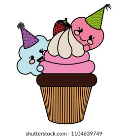 cute clouds with cupcake and heart kawaii characters