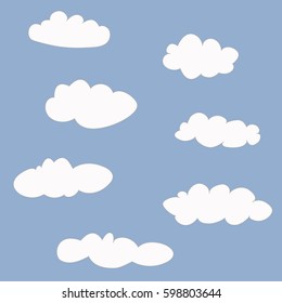 Cute clouds with dotted line contours on the blue background