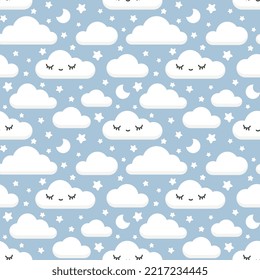 Cute clouds with eyes and long lashes pastel blue for baby girl and boy textile and fabric print. Kawaii seamless pattern , wallpaper art for nursery room.