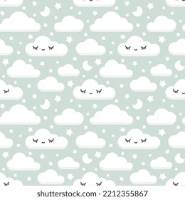 Cute clouds with faces and lashes. Kawaii seamless pattern pastel light green color for bedroom textile, pillow design and nursery wallpaper. Suitable for baby boy, girl and women.