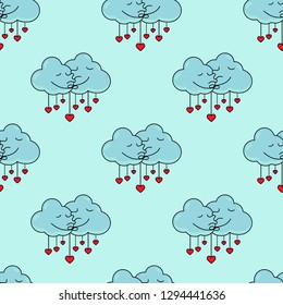 Cute clouds with a heart pattern for girls and boys. Colorful clouds with a heart on the abstract background create a fun cartoon. The pattern is made multicolors. Urban clouds with a heart pattern