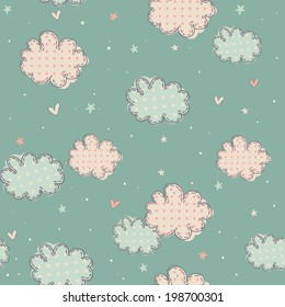 Cute clouds, hearts and stars in seamless pattern for children. Vector illustration