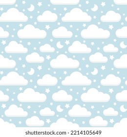 Cute clouds light blue for baby boy and girl textile and fabric print. Kawaii seamless pattern , wallpaper art for nursery room.