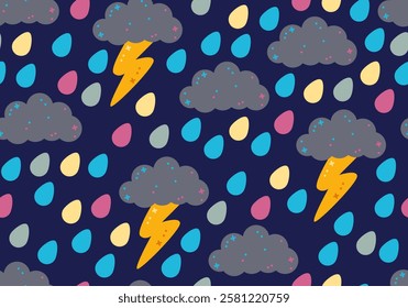Cute clouds, lightning, rain. Seamless pattern for kids, children print design background. Cute colorful vector cartoon illustration