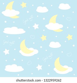 Cute clouds, moon and stars with faces. Cartoon repeat seamless pattern for kids or baby shower. Vector illustration on pastel background. Best for kids, girl or boy.