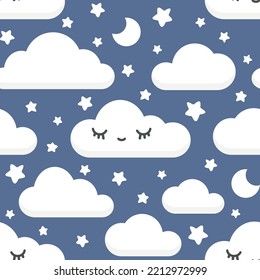 Nubes cortas de azul neutro para el tejido y la impresión de tela para niños y niñas. Patrón Kawaii sin fisuras, papel pintado para el cuarto de vivero.