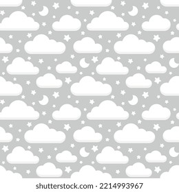 Cute clouds neutral grey for baby boy and girl textile and fabric print. Kawaii seamless pattern , wallpaper art for nursery room.