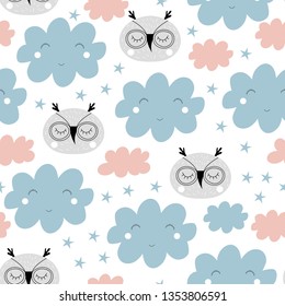 Cute clouds and owls seamless pattern. Sky background. Baby design.