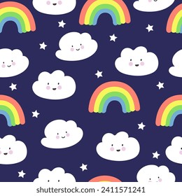Cute clouds pattern. Vector illustration seamless. Sun, clouds, sky. For printing use
