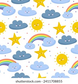 Cute clouds pattern. Vector illustration seamless. Sun, clouds, sky. For printing use