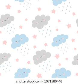 Cute clouds with rain drops seamless pattern, cartoon background with star dots, vector illustration