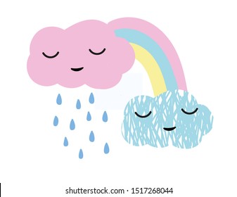 Cute clouds, rain and rainbow. Vector illustration