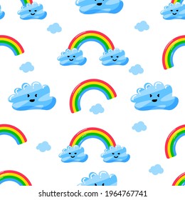 cute clouds and rainbow character seamless pattern